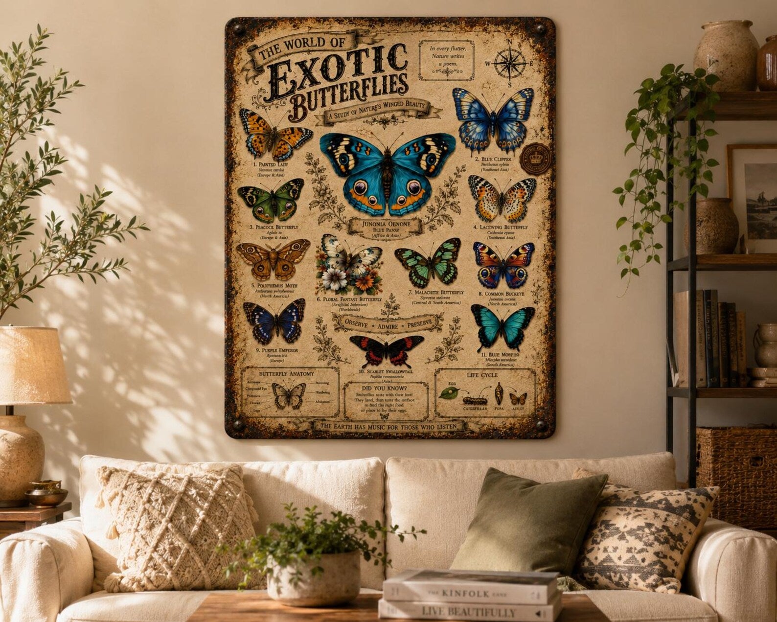Exotic Butterfly Species Metal Sign, Vintage Entomology Wall Art, Natural History Insect Chart