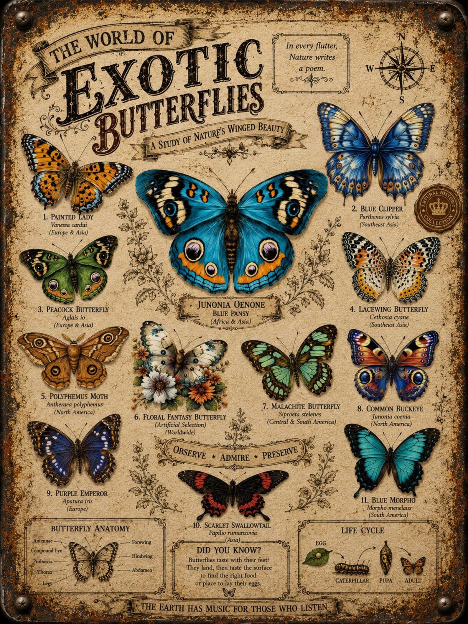Exotic Butterfly Species Metal Sign, Vintage Entomology Wall Art, Natural History Insect Chart
