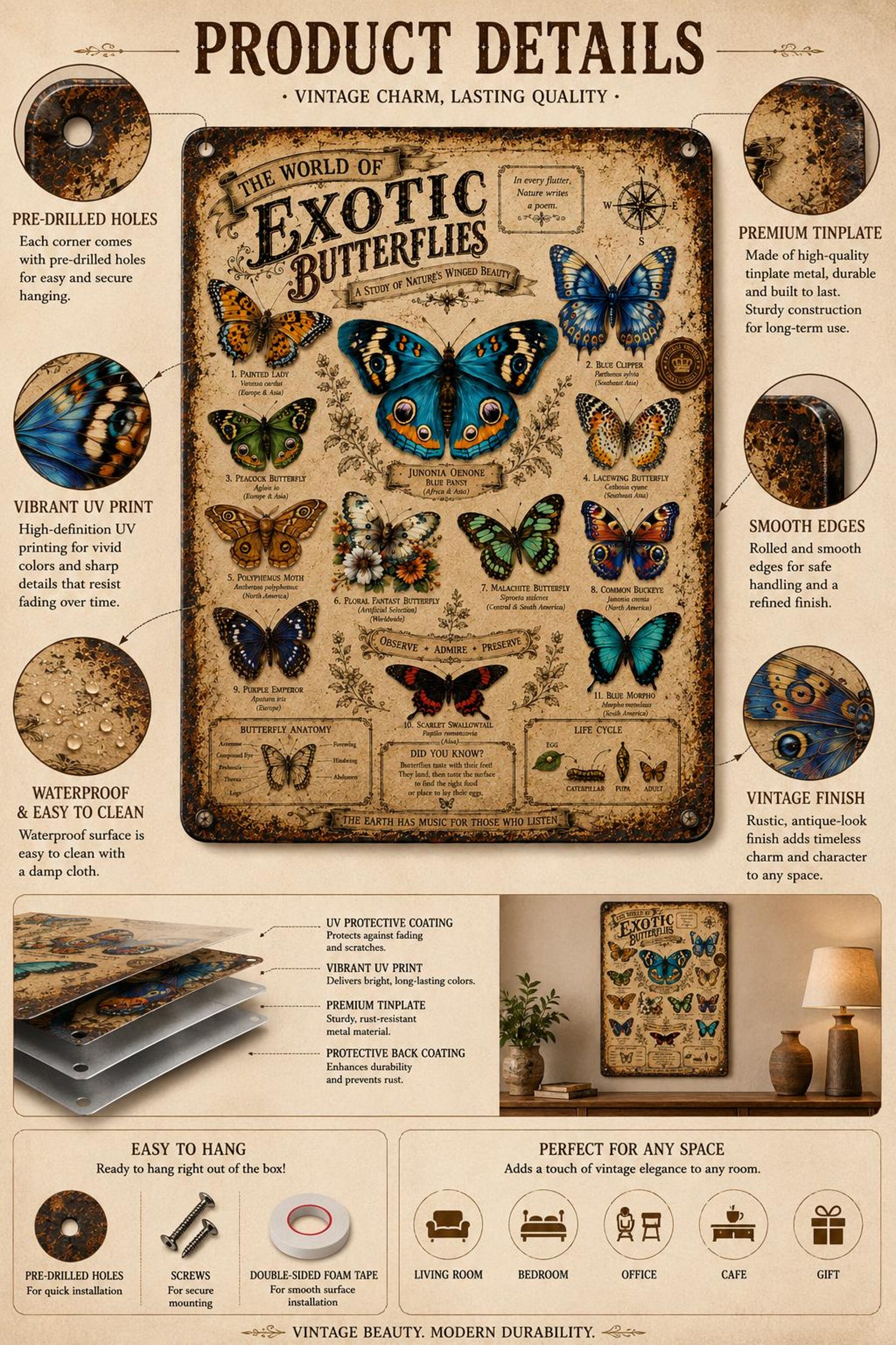 Exotic Butterfly Species Metal Sign, Vintage Entomology Wall Art, Natural History Insect Chart