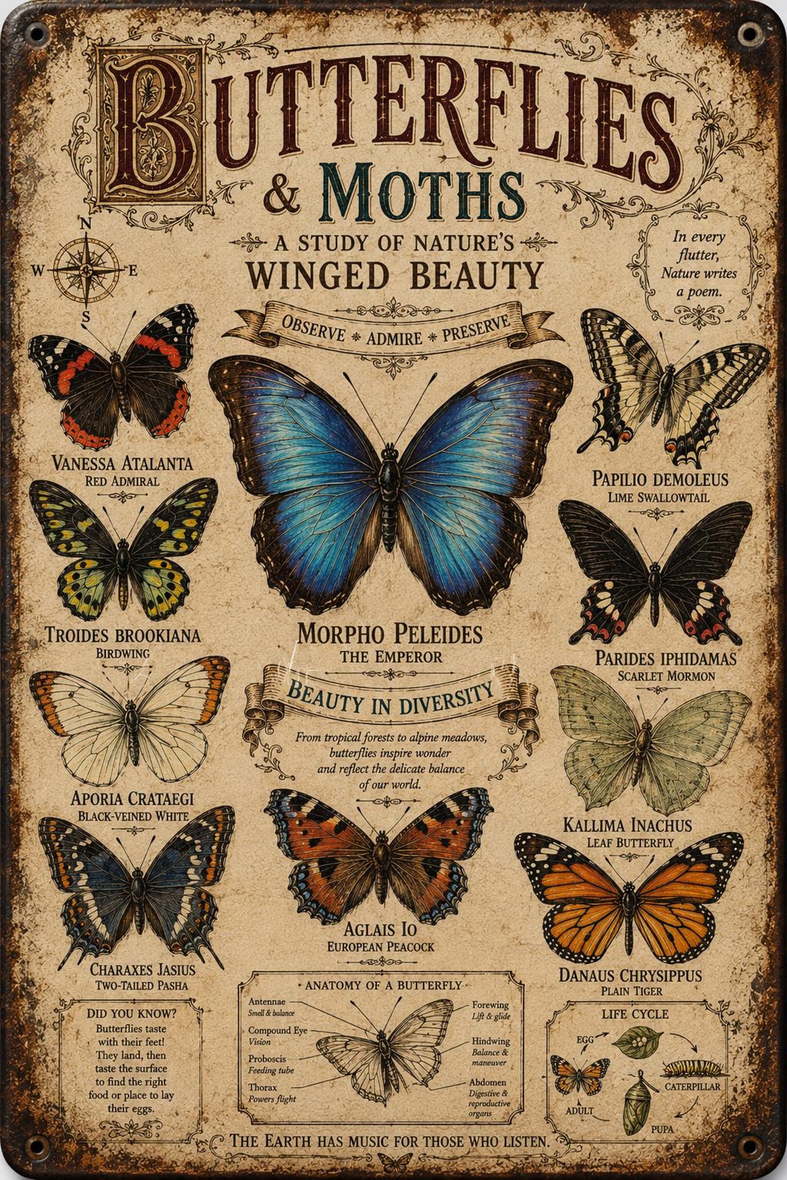 Vintage Butterfly Identification Metal Sign, Antique Lepidoptera Wall Decor