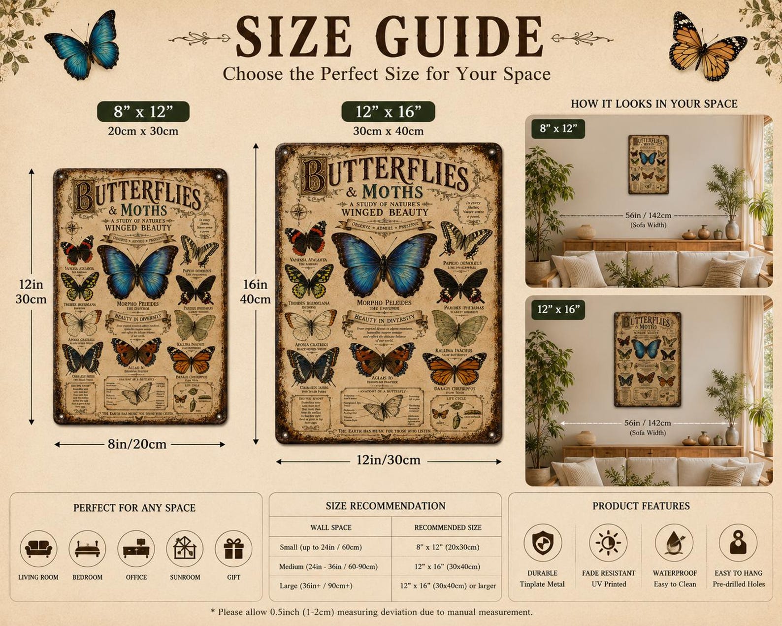 Vintage Butterfly Identification Metal Sign, Antique Lepidoptera Wall Decor
