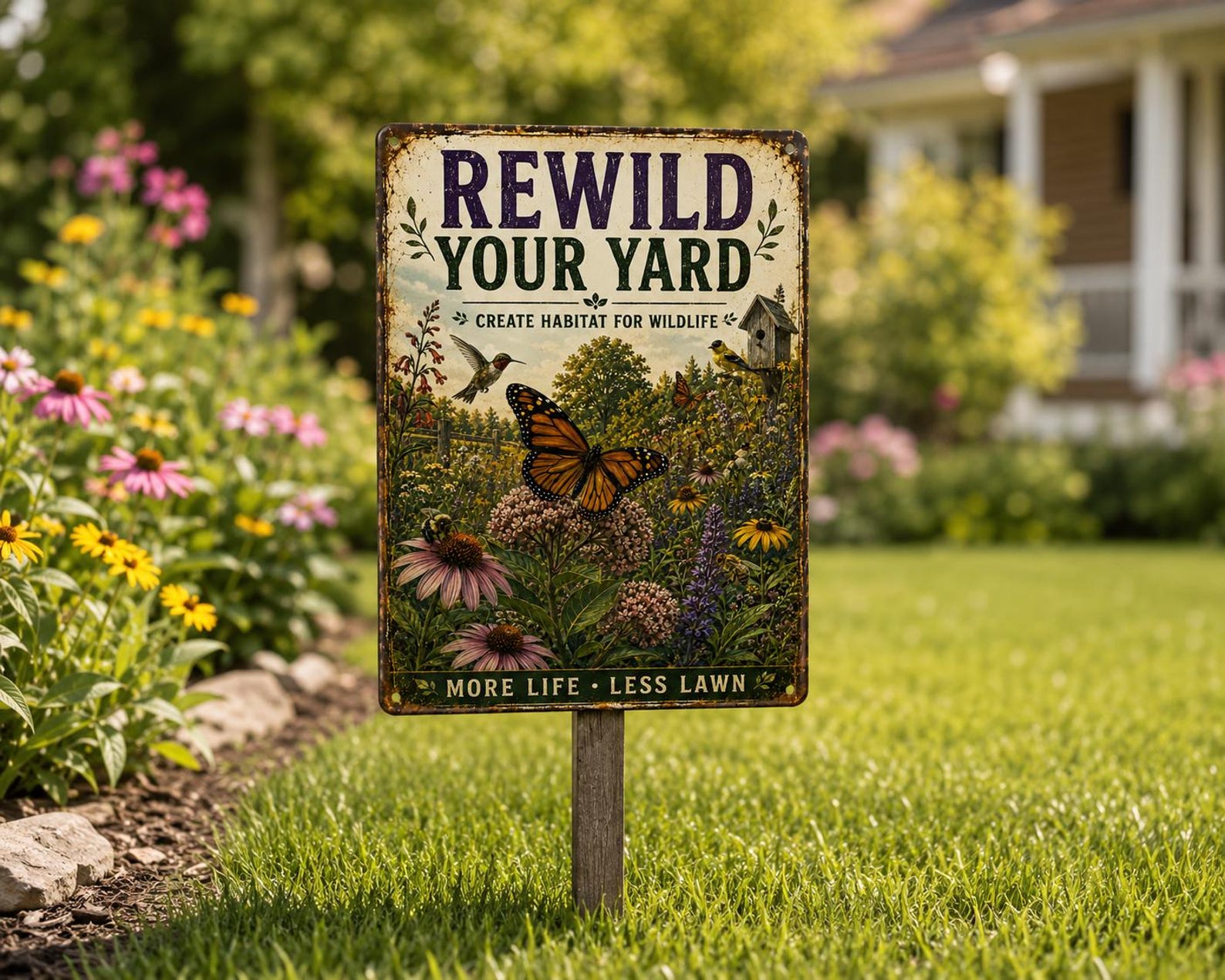 Native Wildlife Garden Metal Sign, Rewild Your Yard Decor, Pollinator Paradise Plaque