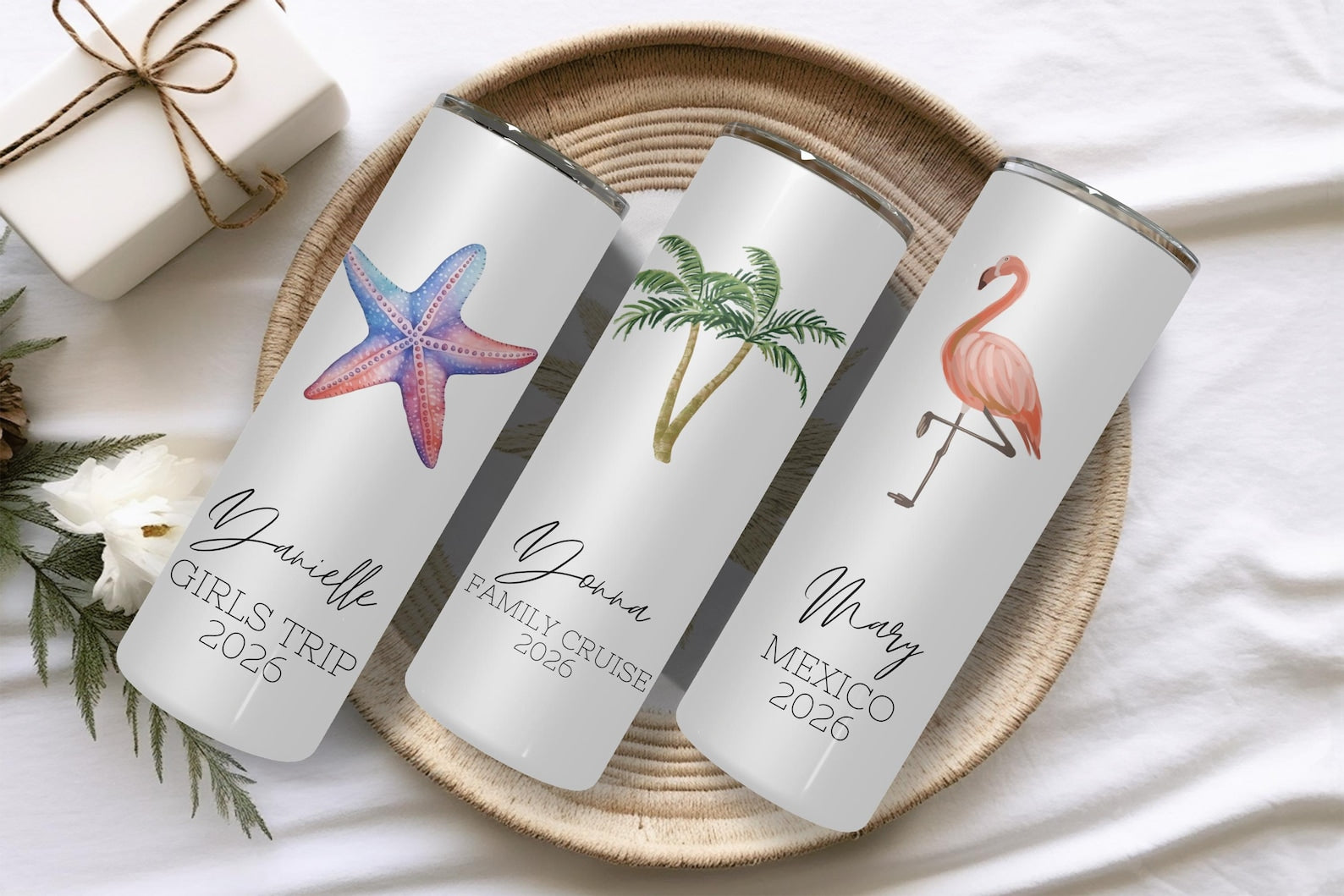 Custom Vacation Tumbler - Personalized Name -  Matching Beach Vacation -  Spring Break - Bachelorette Girls Trip 20 oz Skinny Tumblers