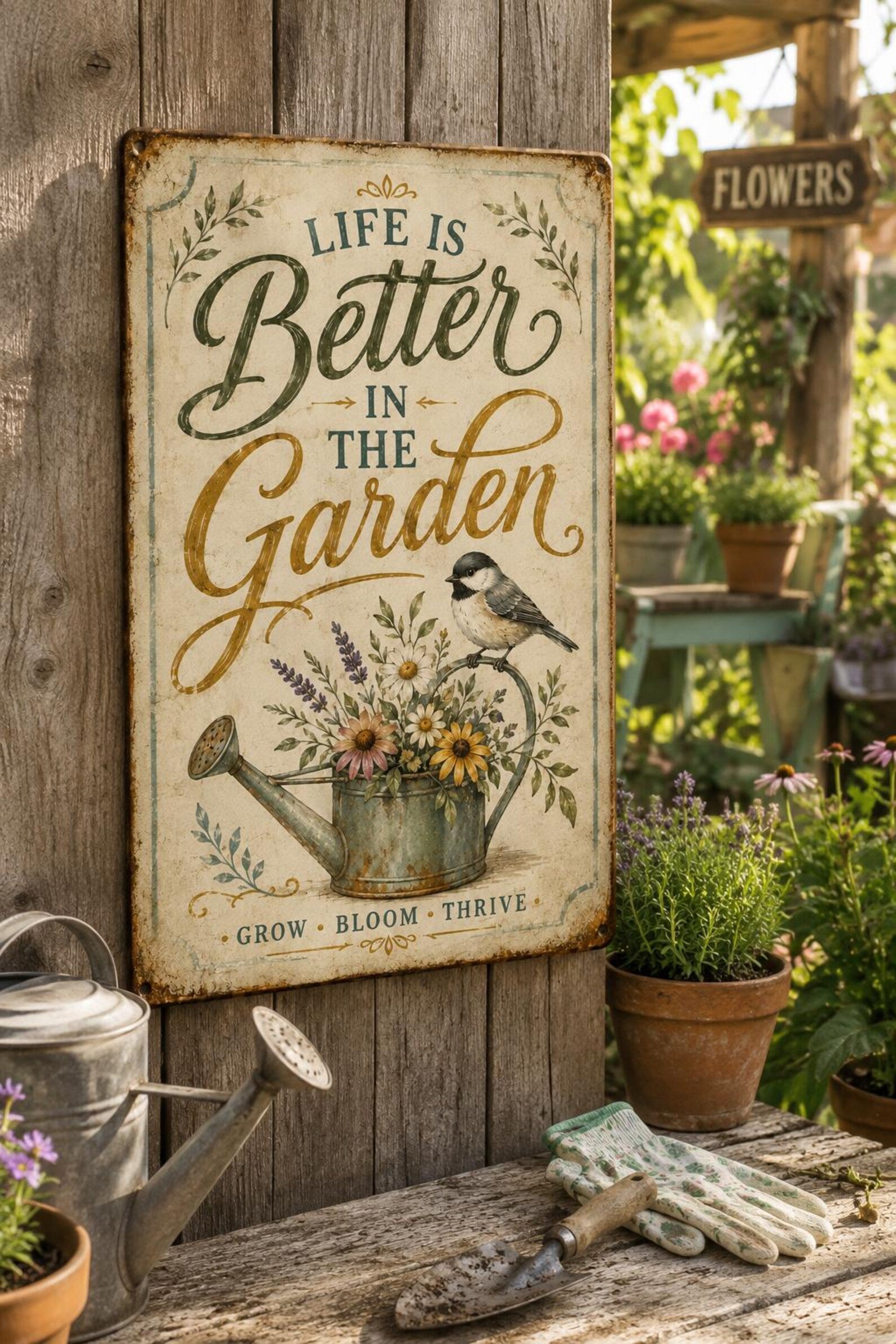 Vintage Garden Metal Sign, Life Is Better in the Garden Wall Decor, Rustic Farmhouse Floral Plaque, Gardening Gift for Women