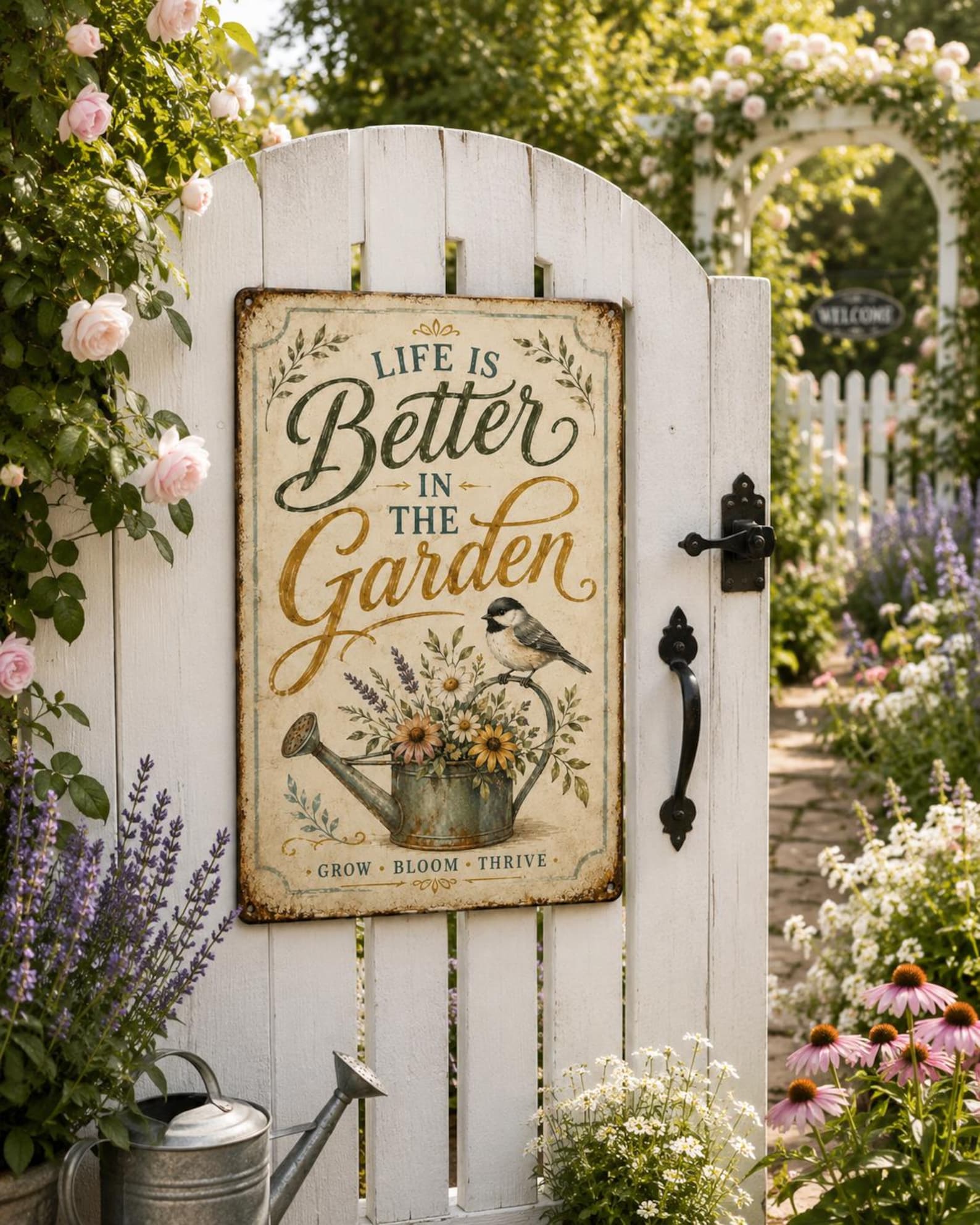 Vintage Garden Metal Sign, Life Is Better in the Garden Wall Decor, Rustic Farmhouse Floral Plaque, Gardening Gift for Women