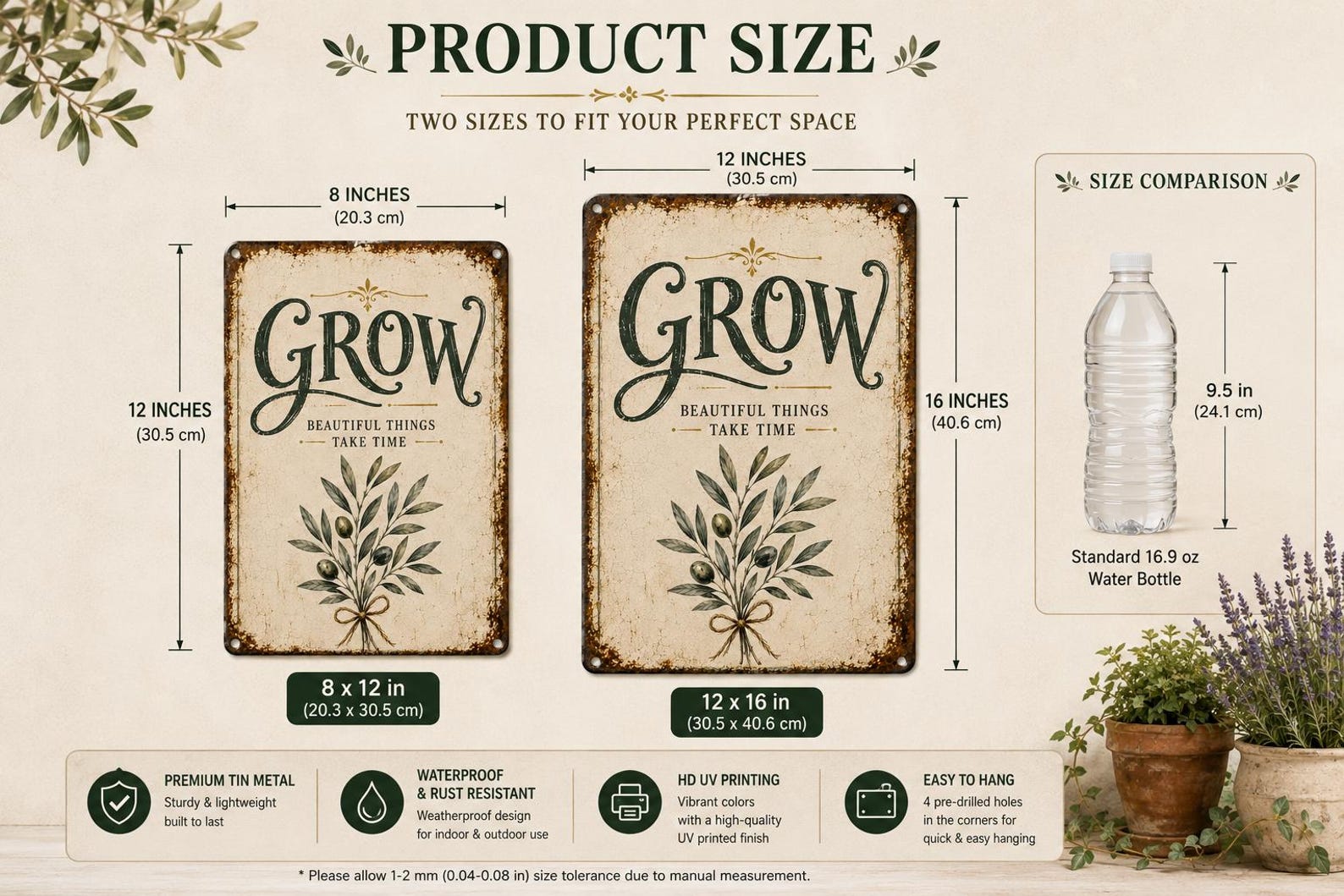Grow Beautiful Things Take Time Metal Sign, Vintage Olive Branch Wall Decor, Rustic Farmhouse Botanical Plaque, Garden Lover Gift