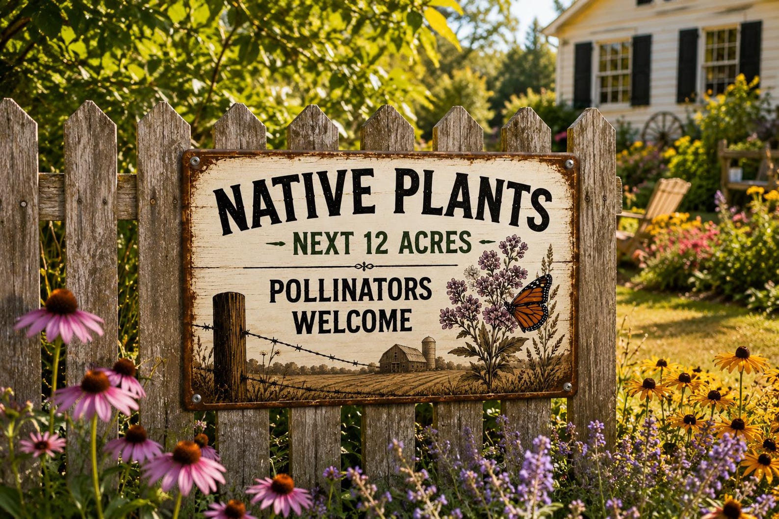 Pollinator Welcome Metal Sign, Native Plants Garden Decor, Rustic Farmhouse Wall Plaque, Butterfly Meadow Yard Sign, Wildlife Habitat Gift