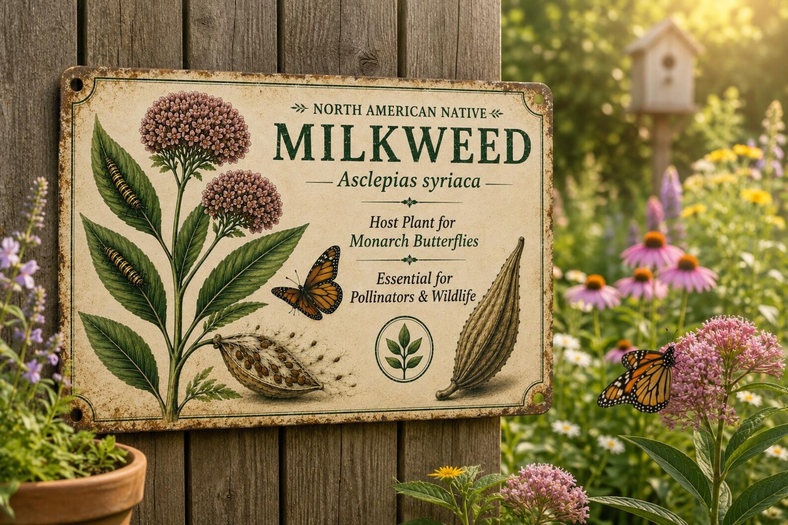 Milkweed Botanical Metal Sign, Vintage Monarch Butterfly Garden Decor, Native Wildflower Educational Wall Plaque, Pollinator Plant Gift