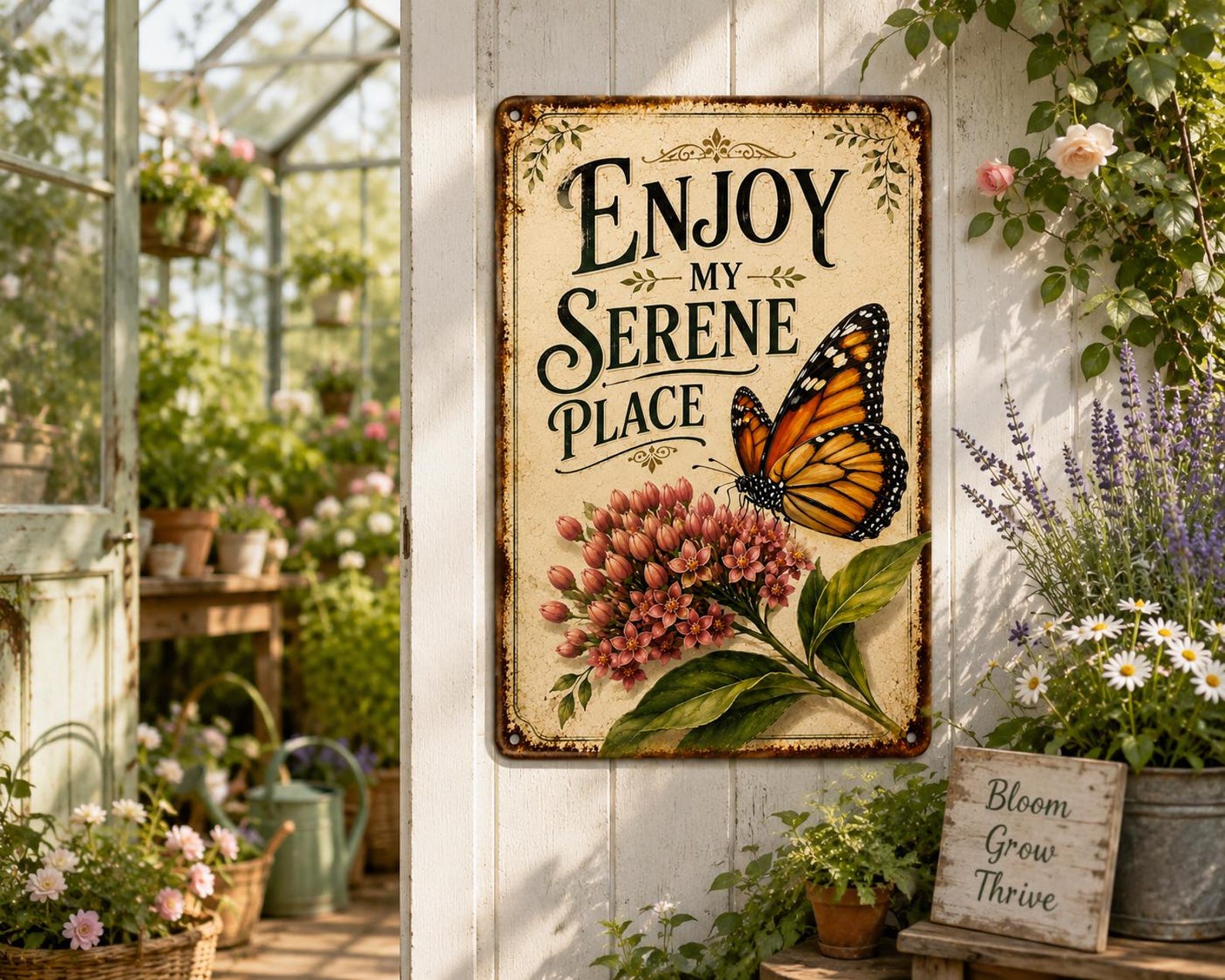 Enjoy My Serene Place Metal Garden Sign, Vintage Butterfly Wall Decor, Cottage Garden Plaque, Rustic Outdoor Yard Gift