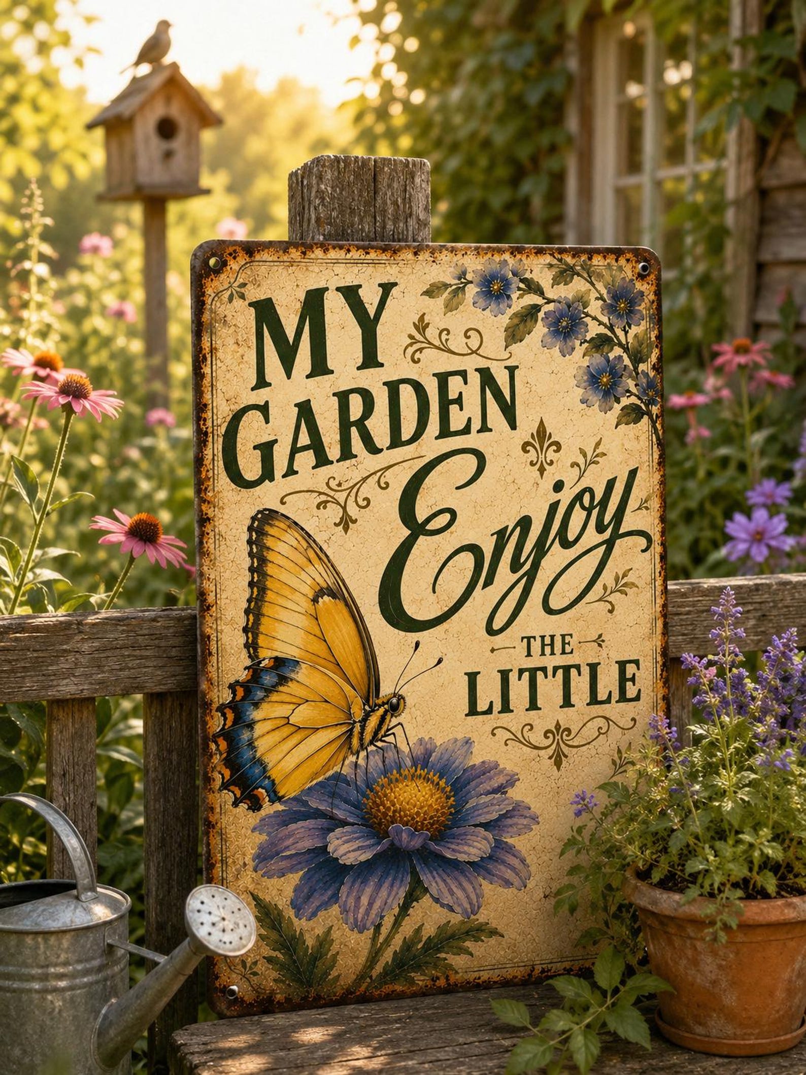 My Garden Enjoy the Little Things Metal Sign, Vintage Butterfly Garden Decor, Rustic Floral Wall Art, Cottage Farmhouse Gift