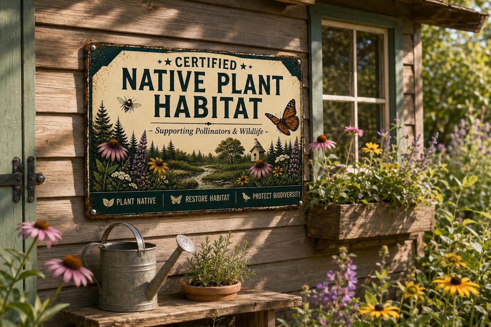 Certified Native Plant Habitat Metal Sign, Pollinator Garden Decor, Wildlife Habitat Plaque, Botanical Outdoor Wall Art Gift