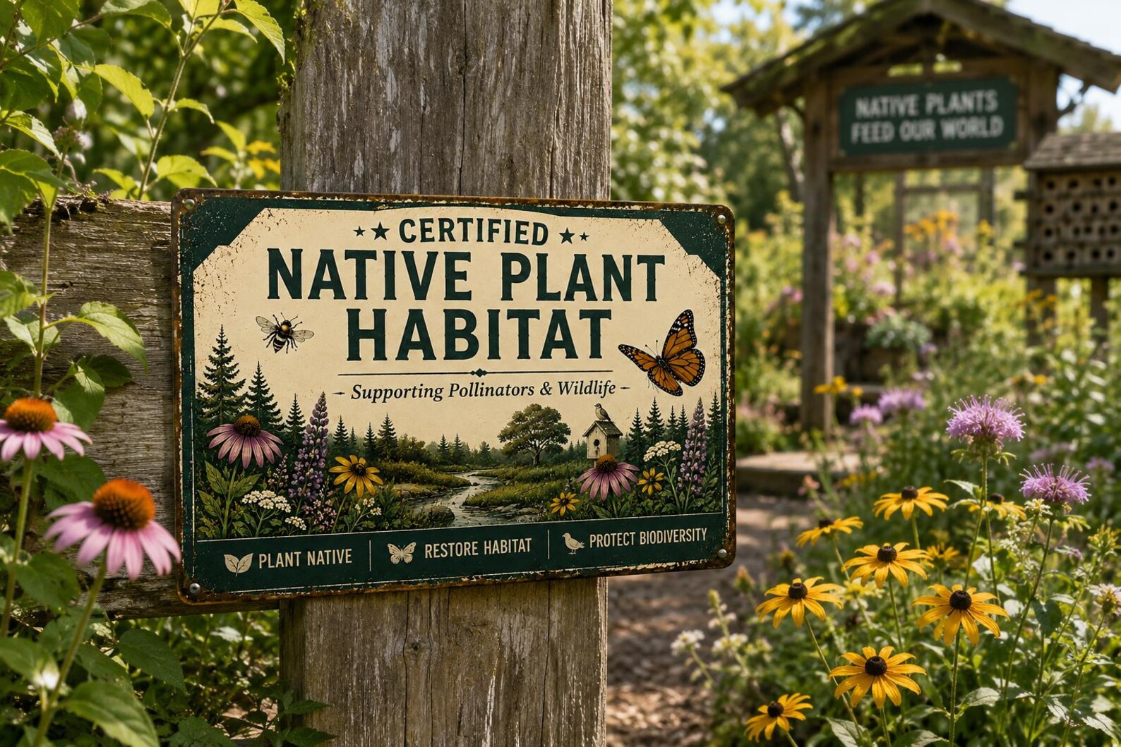 Certified Native Plant Habitat Metal Sign, Pollinator Garden Decor, Wildlife Habitat Plaque, Botanical Outdoor Wall Art Gift