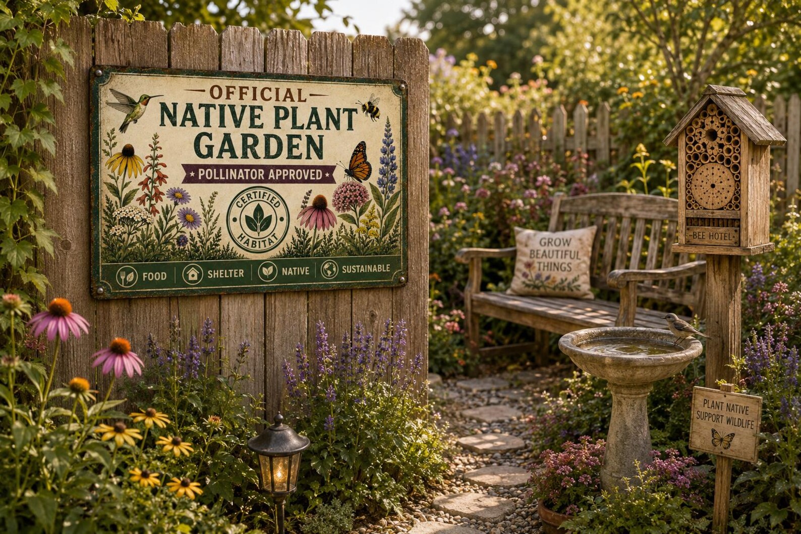 Official Native Plant Garden Metal Sign, Pollinator Approved Wildlife Habitat Decor, Vintage Botanical Garden Wall Plaque Gift