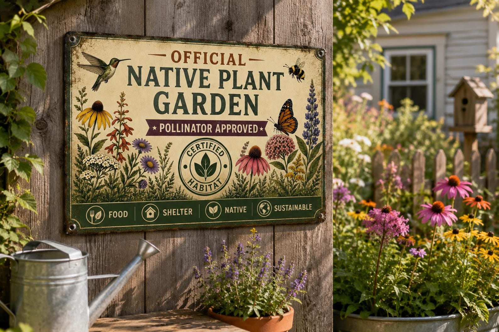Official Native Plant Garden Metal Sign, Pollinator Approved Wildlife Habitat Decor, Vintage Botanical Garden Wall Plaque Gift