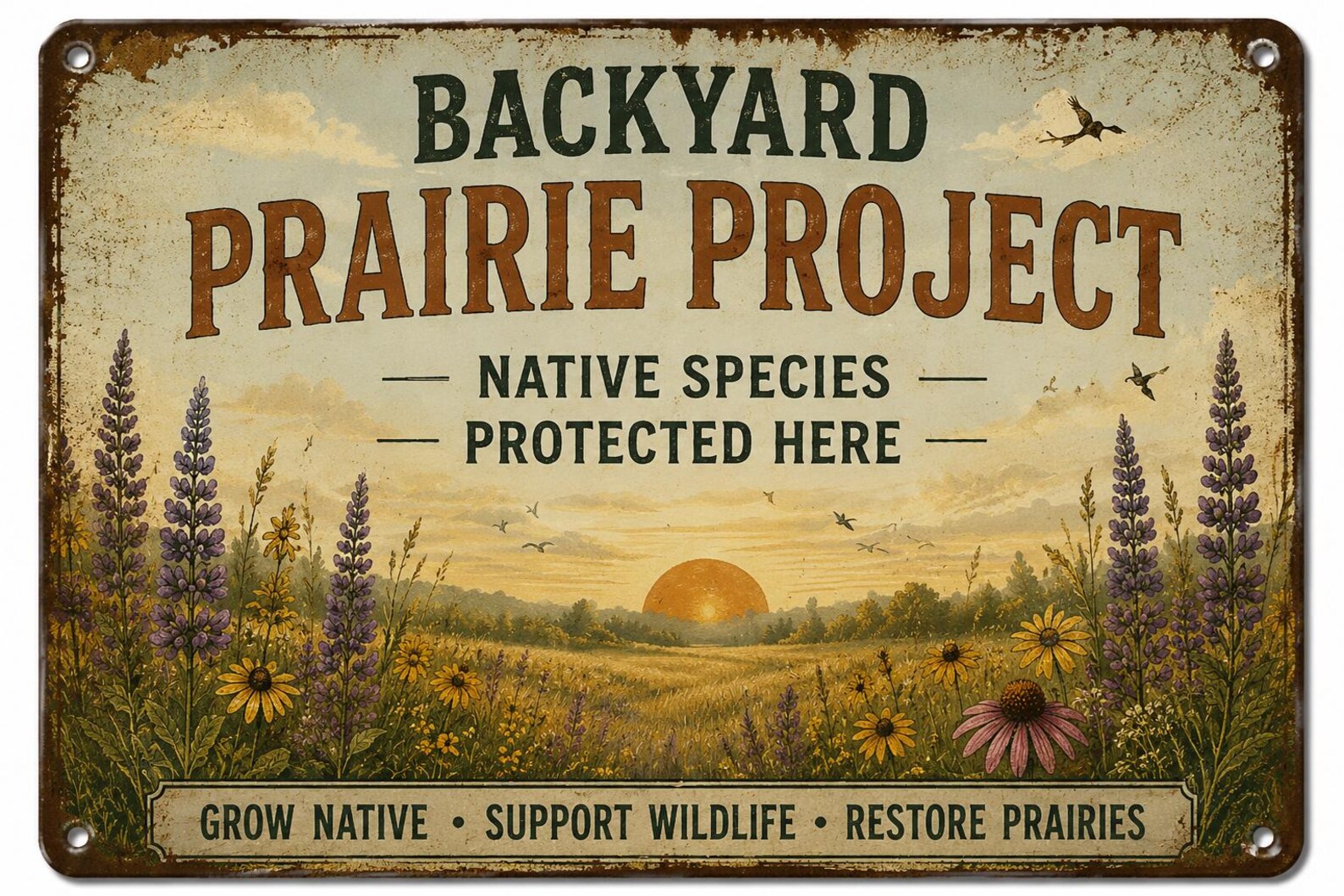 Backyard Prairie Project Metal Sign, Native Wildflower Garden Decor, Rustic Wildlife Habitat Plaque, Prairie Restoration Gift