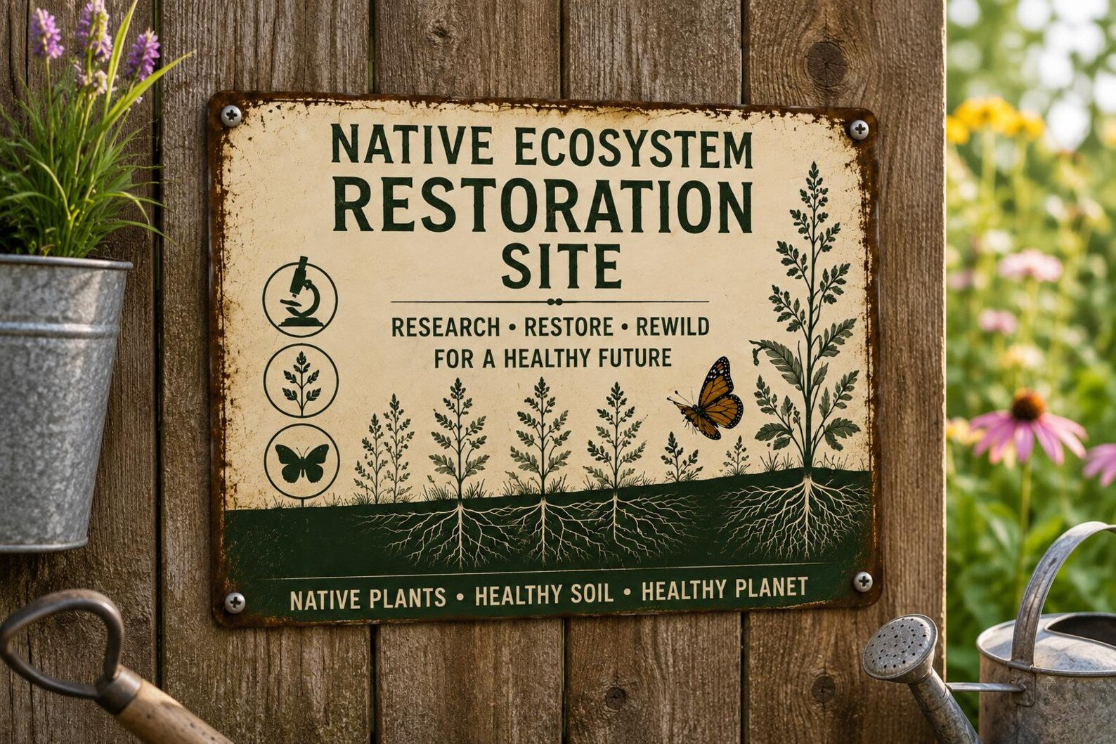 Native Ecosystem Restoration Site Metal Sign, Ecological Research Garden Decor, Rewilding Wildlife Habitat Wall Plaque Gift