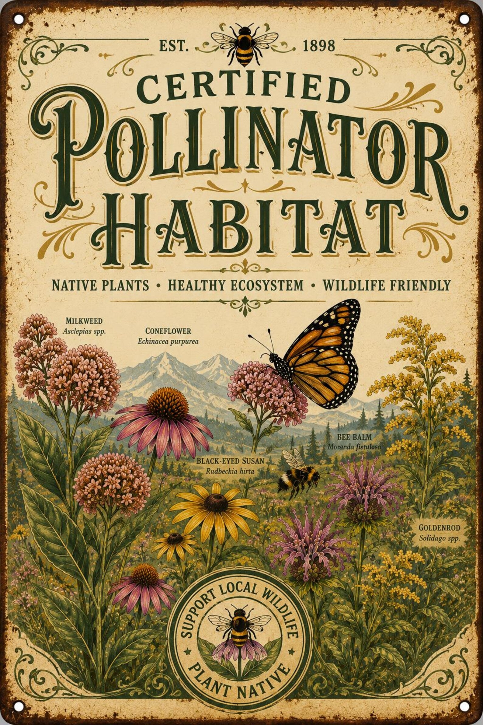 Certified Pollinator Habitat Metal Sign, Native Plant Garden Decor, Monarch Butterfly Wall Art, Bee Friendly Outdoor Plaque Gift