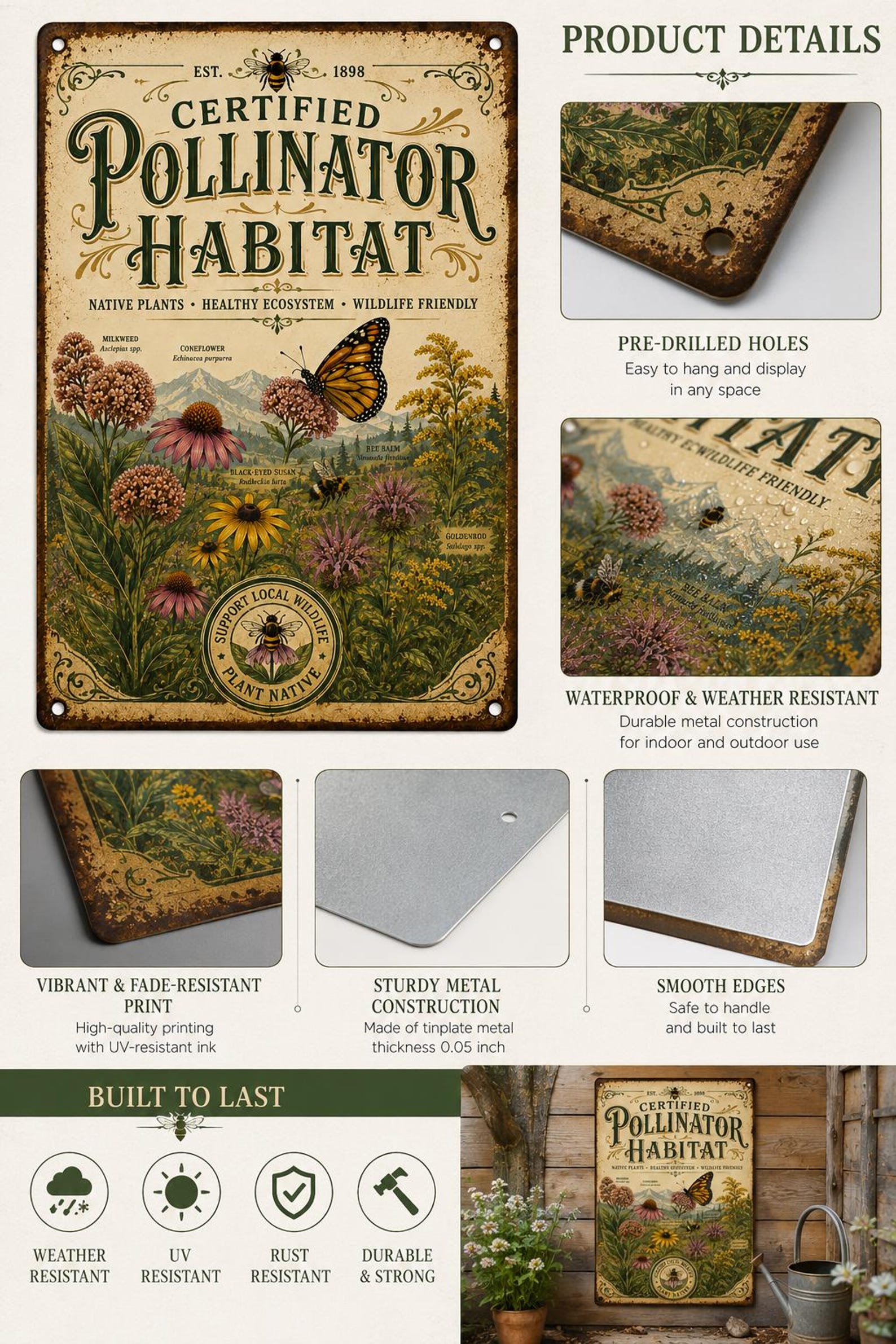 Certified Pollinator Habitat Metal Sign, Native Plant Garden Decor, Monarch Butterfly Wall Art, Bee Friendly Outdoor Plaque Gift