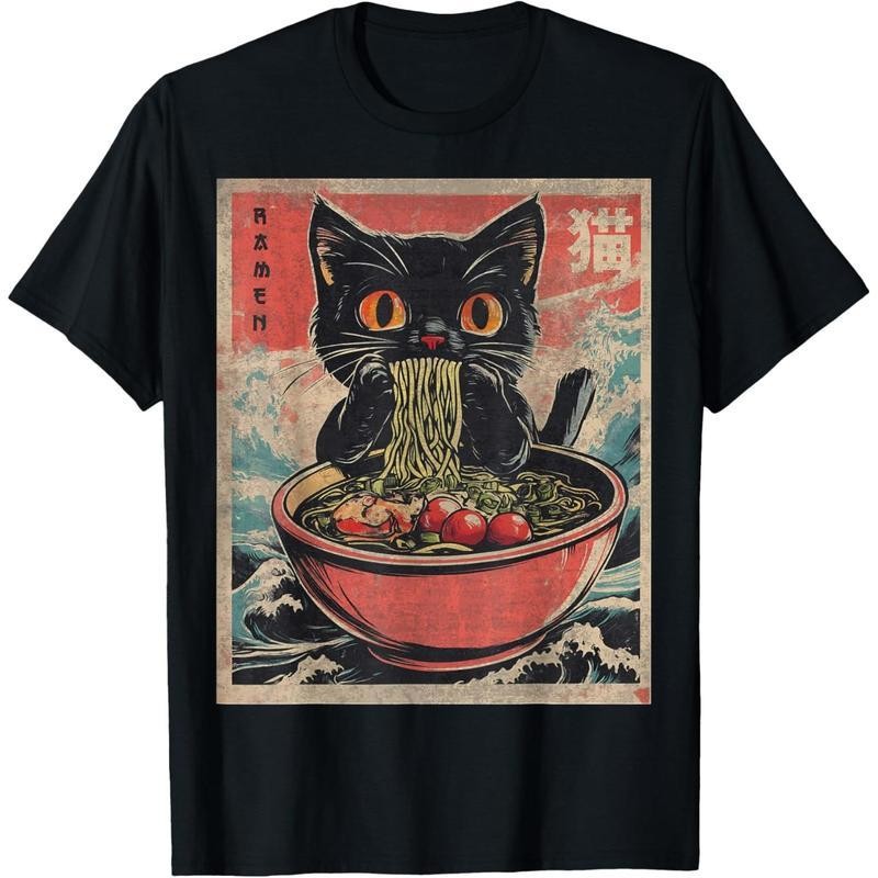 Kawaii Cat Ramen Graphic T-Shirt Funny Japanese Anime Style Tee