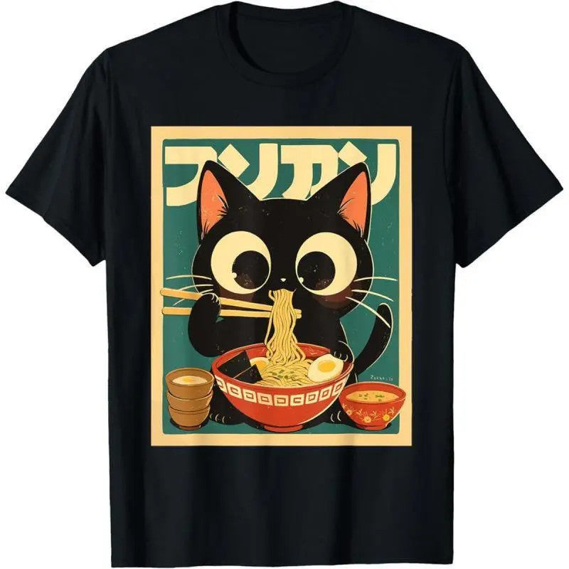 Anime Cat Ramen T-Shirt Japanese Kawaii Graphic Funny Streetwear Tee